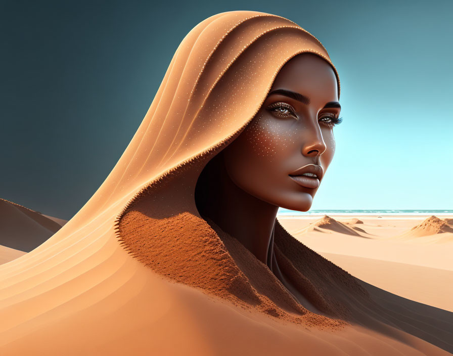 Woman in sandy cloak blending with desert dunes