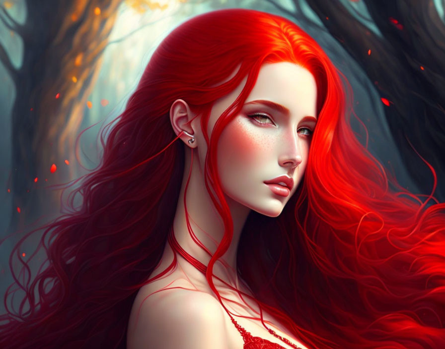 Vibrant red-haired woman in digital art against forest backdrop