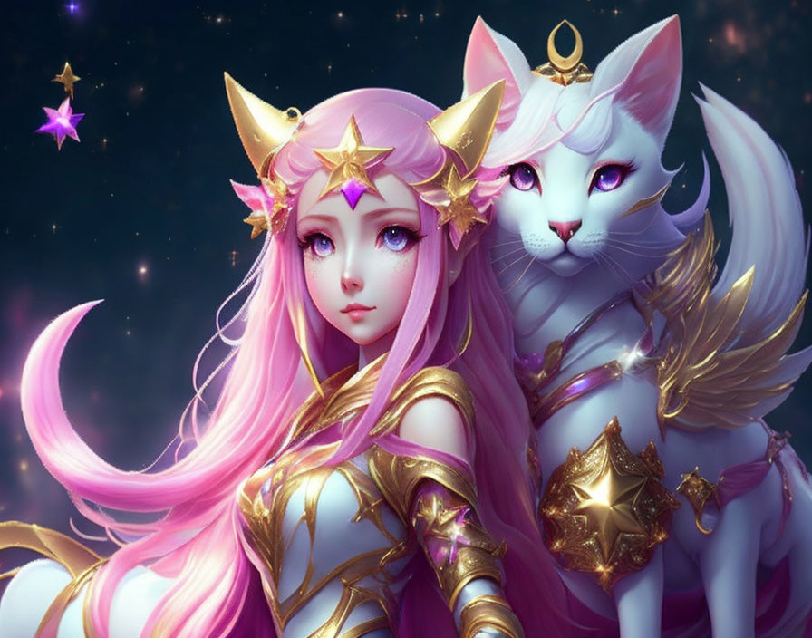 Pink-haired girl and white cat with star-themed adornments in gold armor