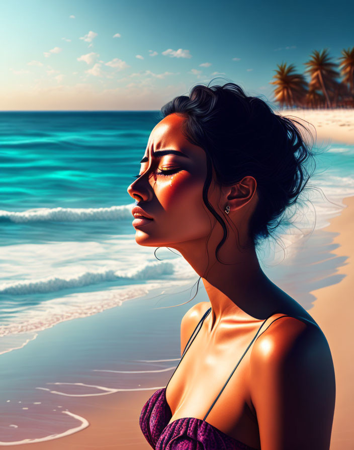 Digital illustration: Woman with closed eyes, sunlit profile, beach, palm trees, ocean.