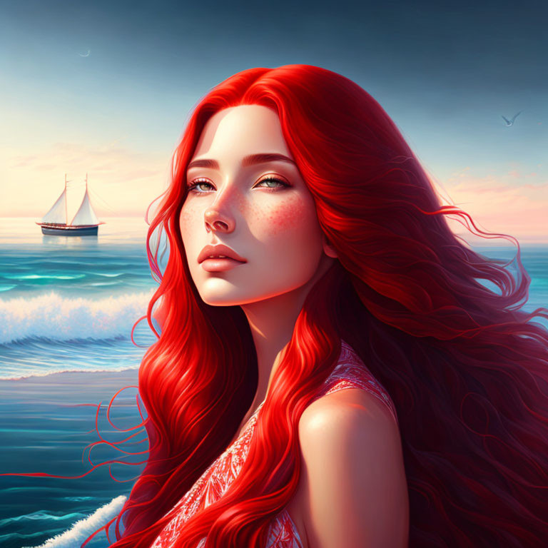 Digital Artwork: Woman with Red Hair and Blue Eyes by Ocean