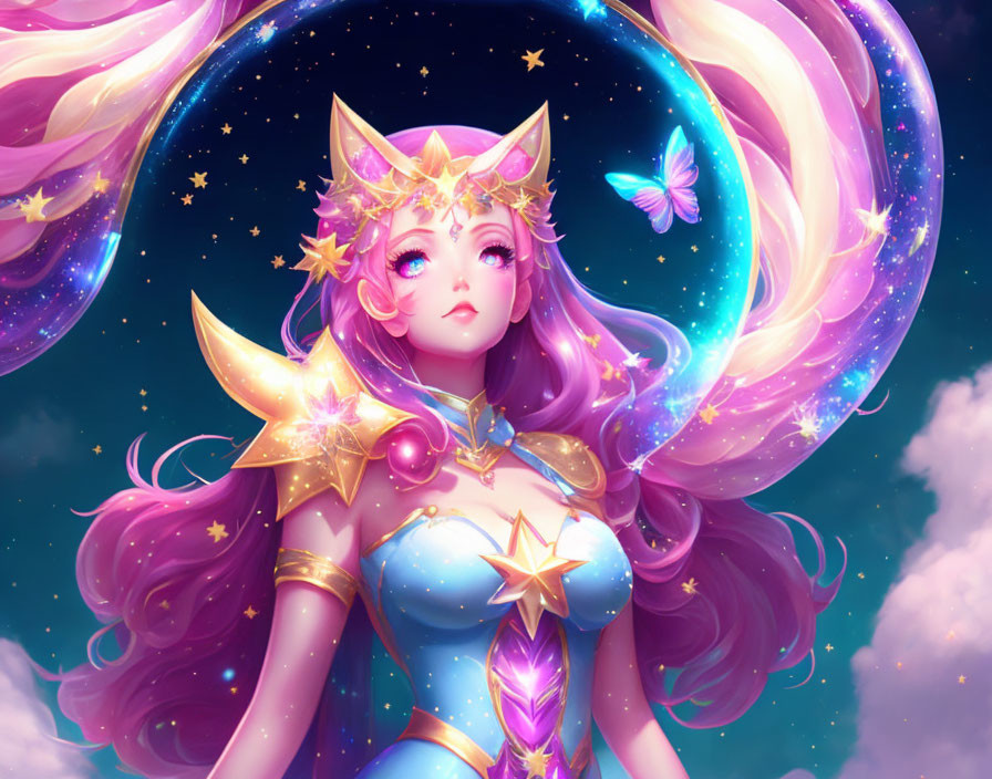 Fantasy illustration: Female character with pink hair in star motif attire in cosmic setting with butterfly.