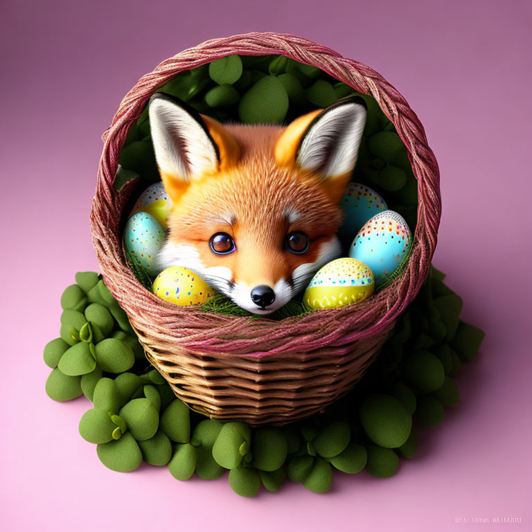 Adorable Fox with Easter Eggs in Wicker Basket on Purple Background