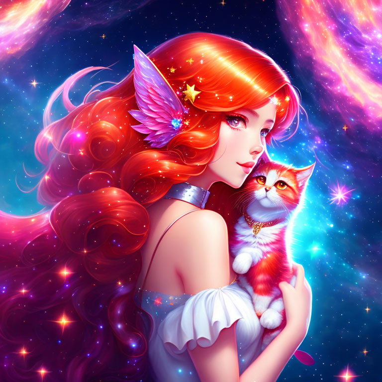 Illustration of woman with red hair holding cat in cosmic setting