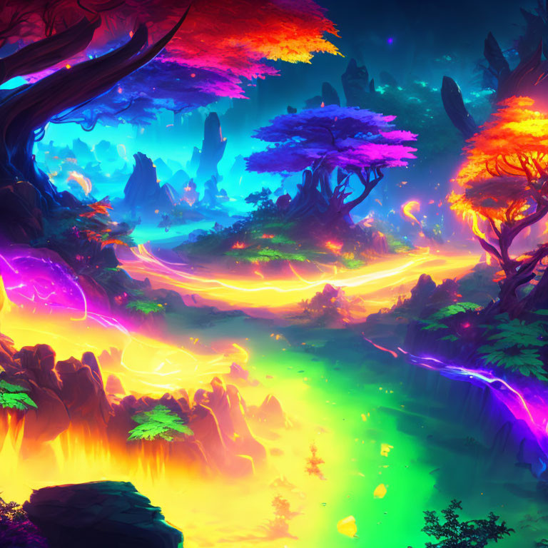 Vibrant Fantasy Landscape with Glowing River & Neon Flora