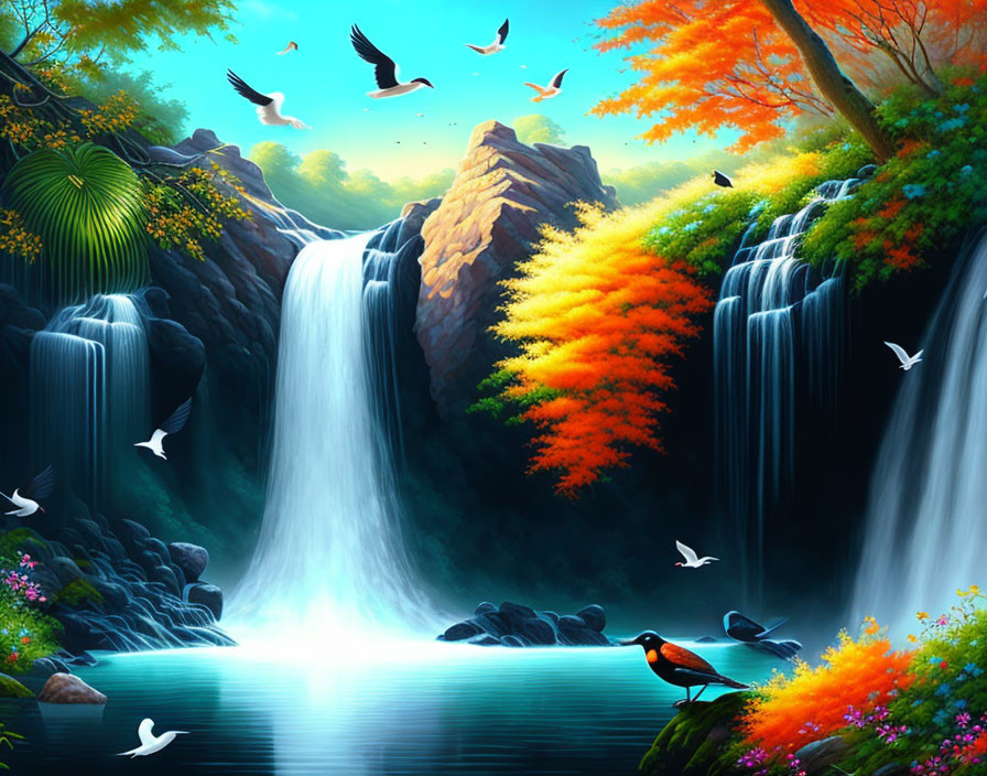 Majestic waterfall surrounded by lush foliage and flying birds