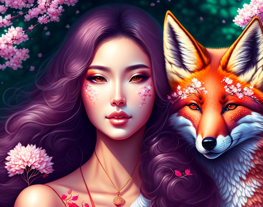 Digital artwork: Woman with purple hair and fox, floral accents, greenery and pink blossoms