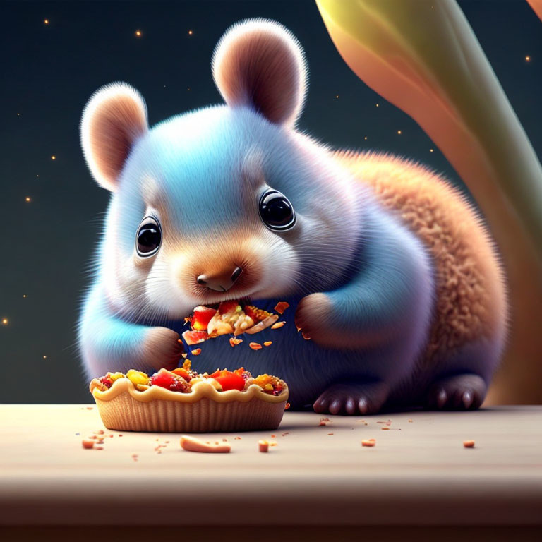 Chubby blue and tan hamster eating pizza on wooden surface