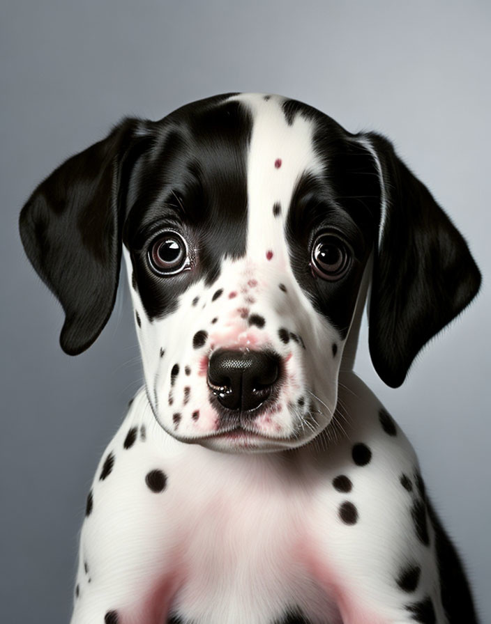 Dalmatian puppy with black spots and floppy ears on grey background