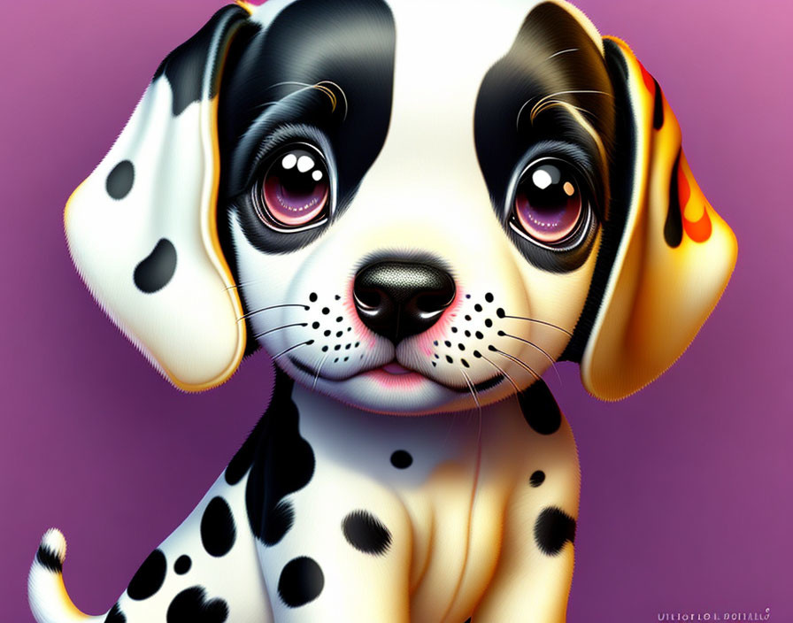 Cute Dalmatian Puppy Illustration with Exaggerated Eyes on Purple Background