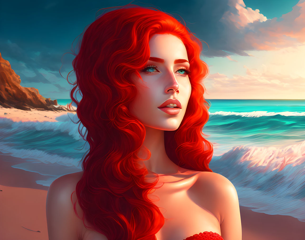 Vibrant red-haired woman on beach at sunset