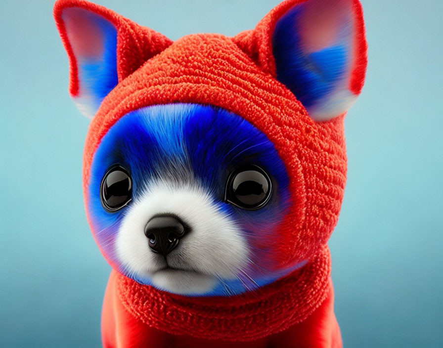 Anthropomorphic blue and white dog in red knitted attire on blue backdrop