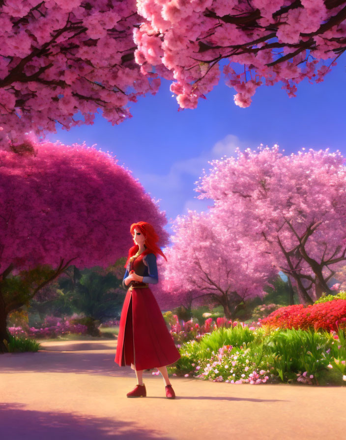 Red-haired animated character in cherry blossom scenery