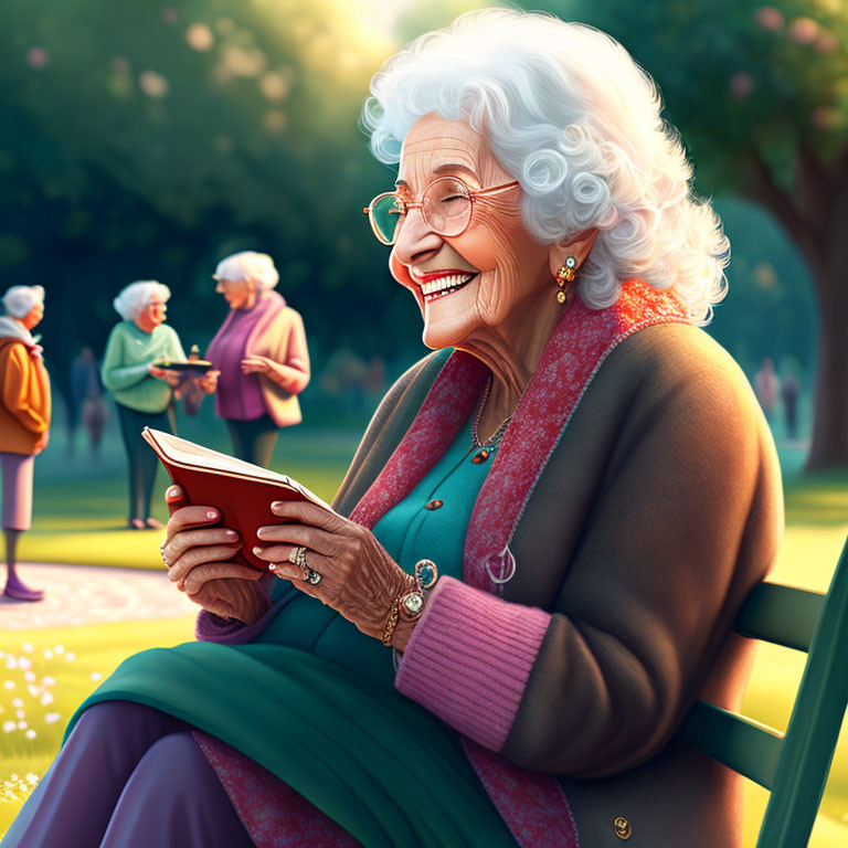 Elderly woman reading book on park bench with seniors chatting