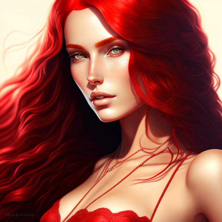 Vibrant red-haired woman in red top with green eyes portrait