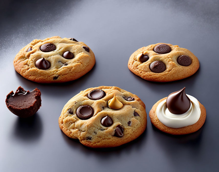 Assorted chocolate chip cookies with different toppings on dark background