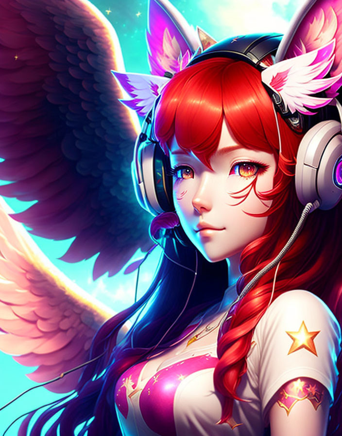 Digital artwork of female character with red hair, fox ears, wings, headphones, starry outfit,