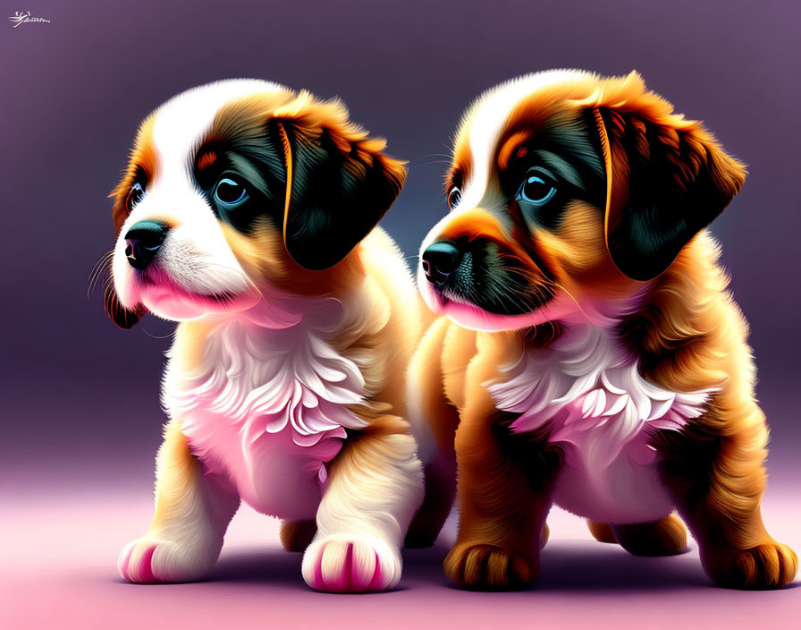 Two fluffy white and brown puppies on pink background