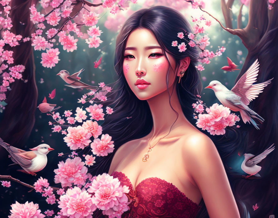 Woman with Long Hair Surrounded by Pink Blossoms and Birds