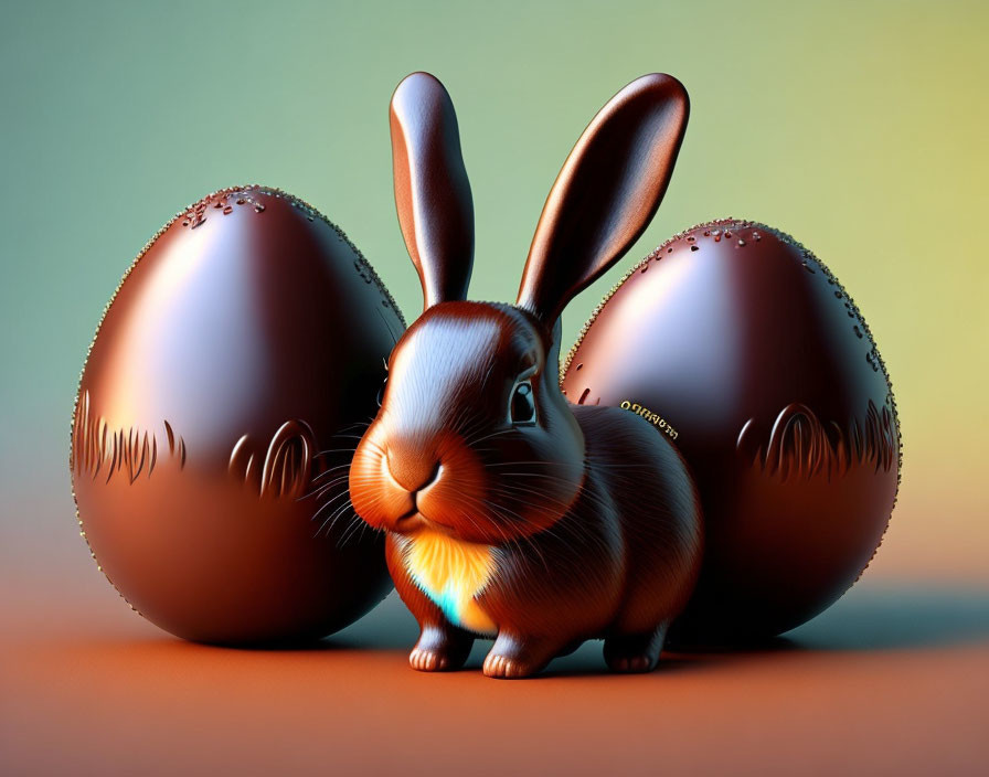 Brown rabbit with metallic eggs on gradient background in 3D render