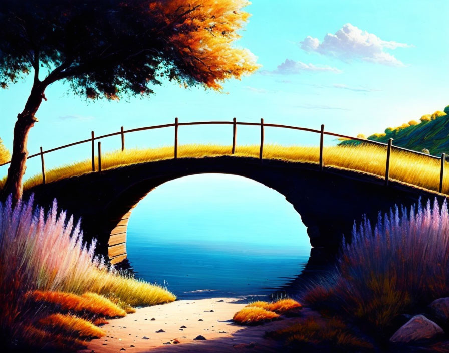 Stone bridge over calm river with vibrant nature and sunset reflection