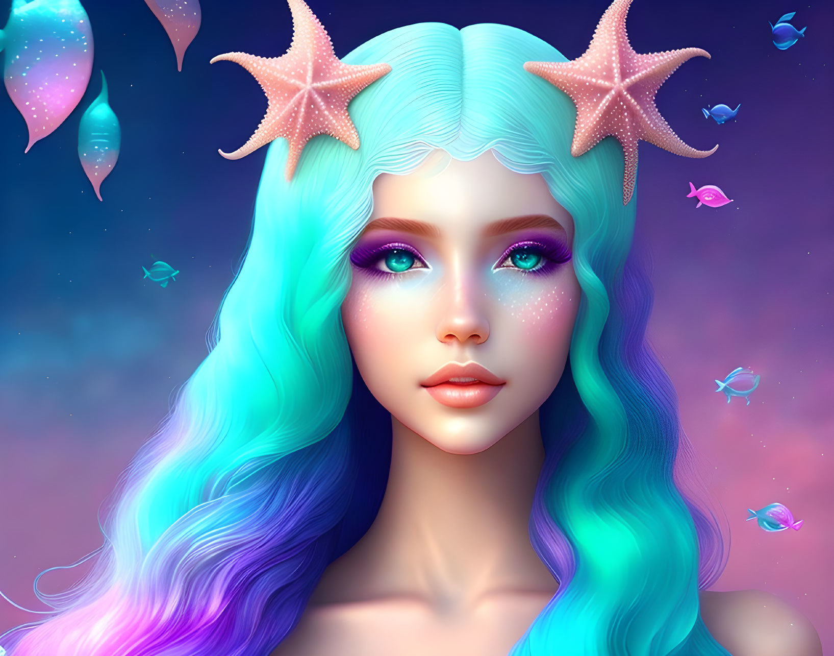 Fantasy portrait of woman with blue and purple wavy hair and starfish accessories