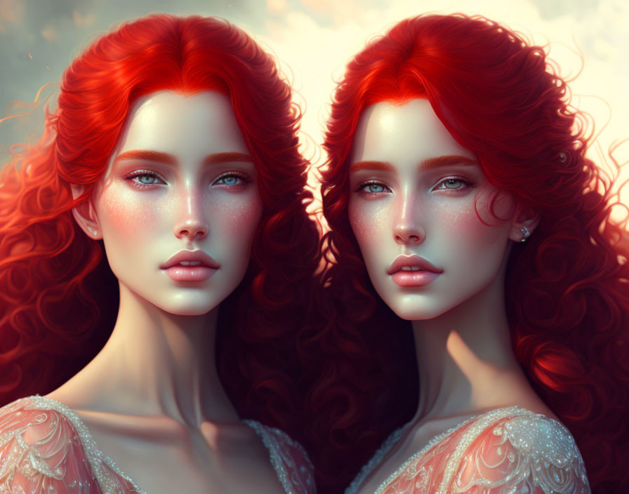 Identical Female Twins with Red Hair and Blue Eyes in Warm Ethereal Glow