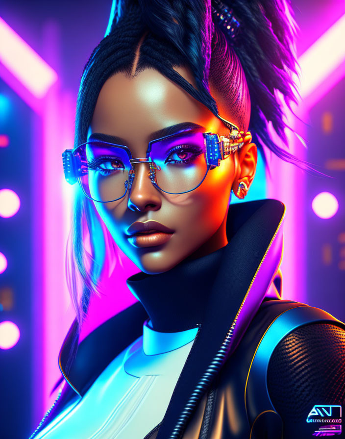 Digital portrait of woman with futuristic glasses and neon lights