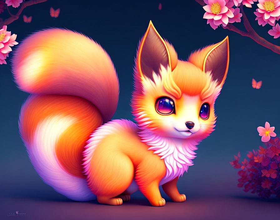 Colorful Fox Illustration with Cherry Blossom Background