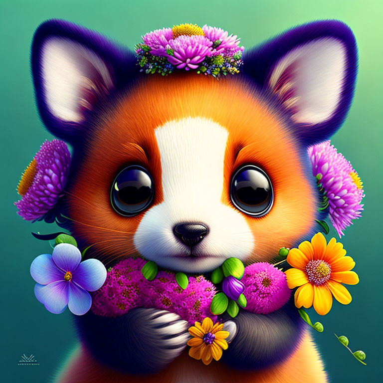 Cute Corgi Illustration with Flower Crown and Bouquet on Teal Background