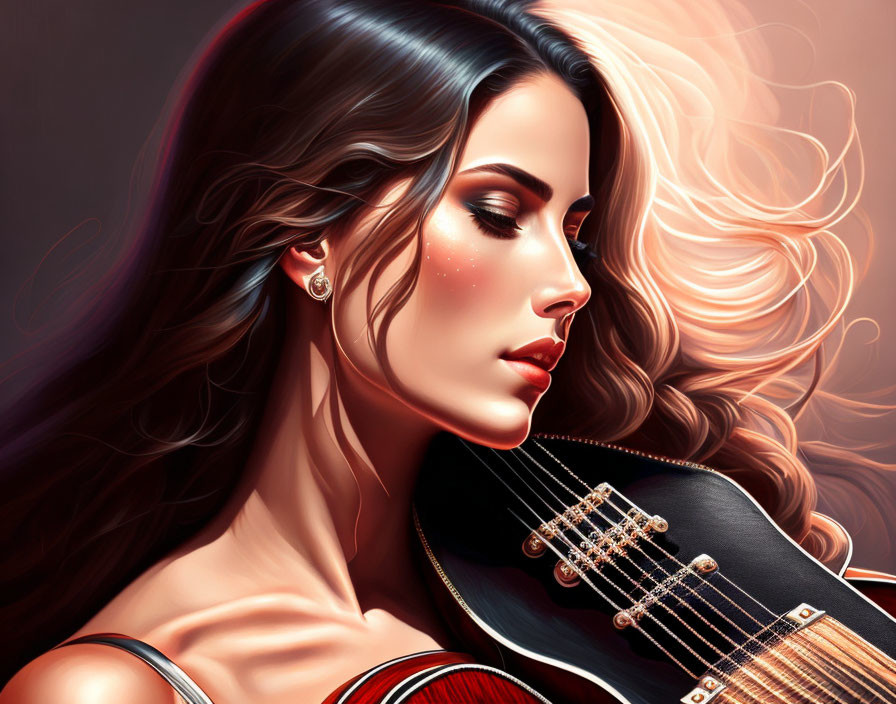 Detailed digital artwork of woman with flowing hair holding guitar