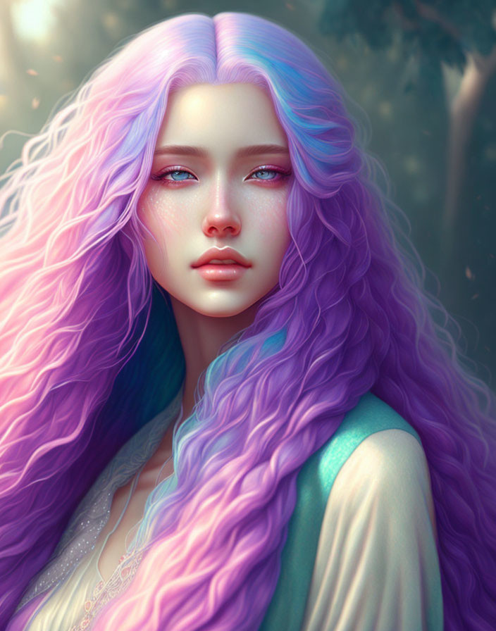 Digital portrait of woman with long wavy multi-colored hair in shades of purple and blue, fair skin