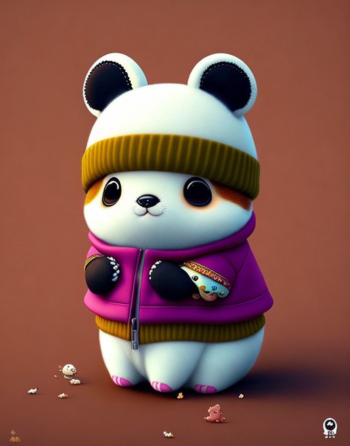 Stylized panda character in purple jacket with game controller