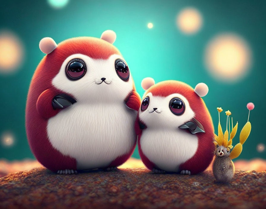 Stylized red and white pandas with squirrel in glowing forest