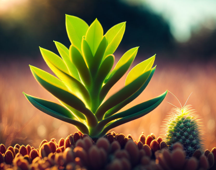 Vibrant green succulent plants in golden-hour sunlight