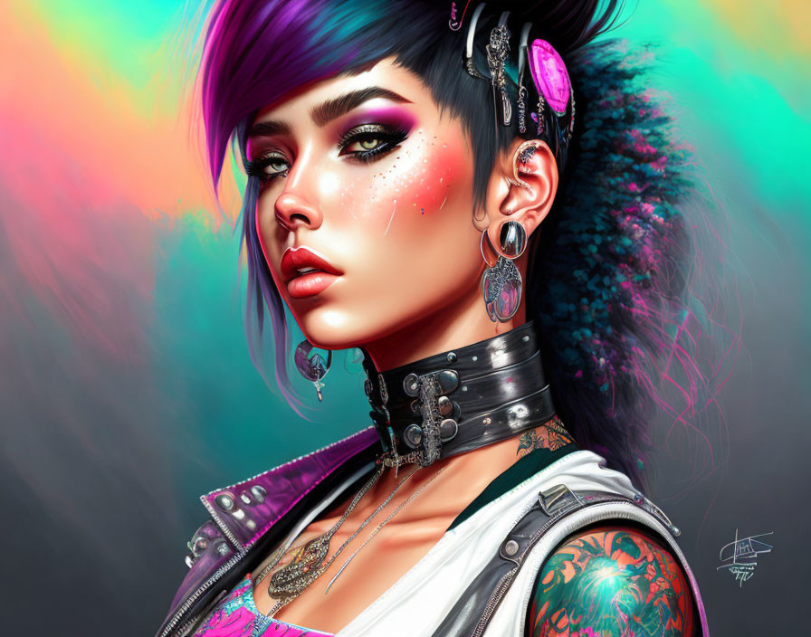 Vibrant Purple Hair Woman with Piercings and Tattoo in Neon Background