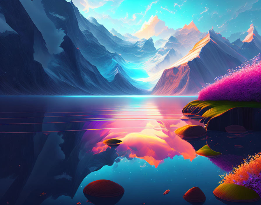 Vibrant Digital Art Landscape with Neon Hues & Mountain Reflections