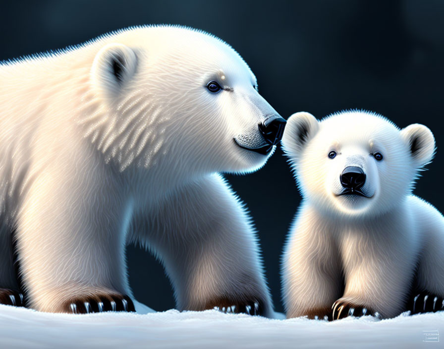 Adult and cub polar bears with vivid white fur on cool-toned background