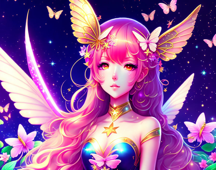 Anime-style Illustration: Pink-haired girl with golden butterfly accessories in a starry night scene