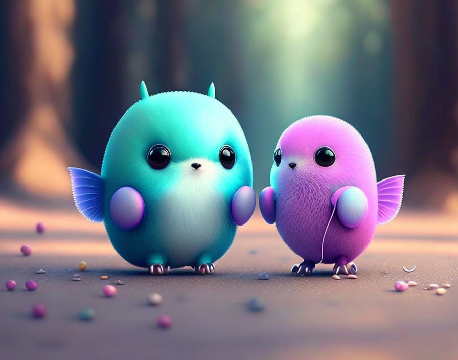 Chubby fantastical creatures with expressive eyes in colorful forest scene