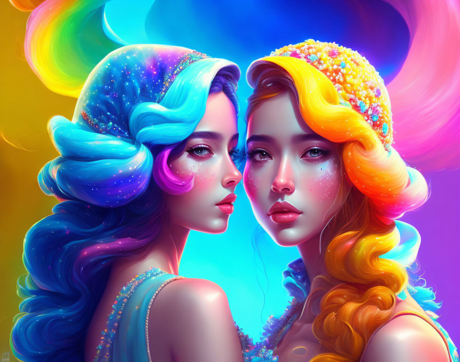 Vibrant multicolored hair women gazing against colorful background