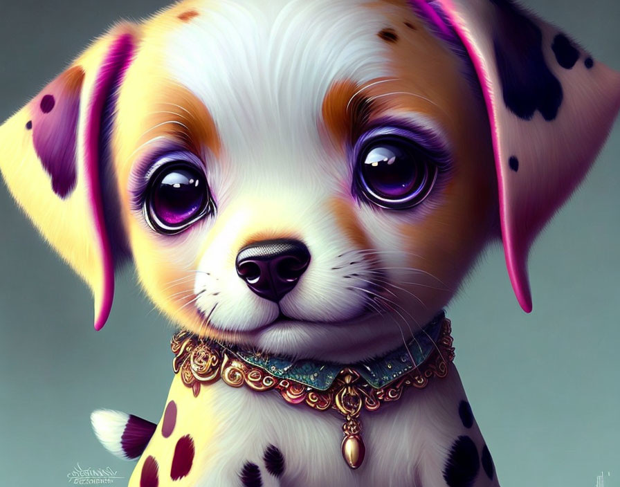 Stylized digital illustration of Dalmatian puppy with purple eyes