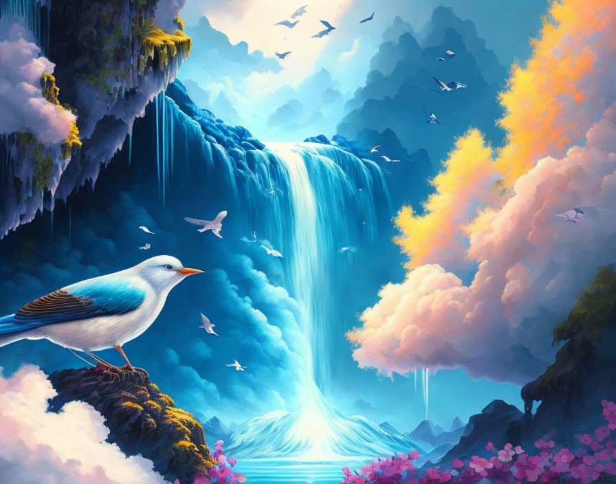 Digital artwork of majestic waterfall, lush cliffs, bird, pink clouds, blue sky