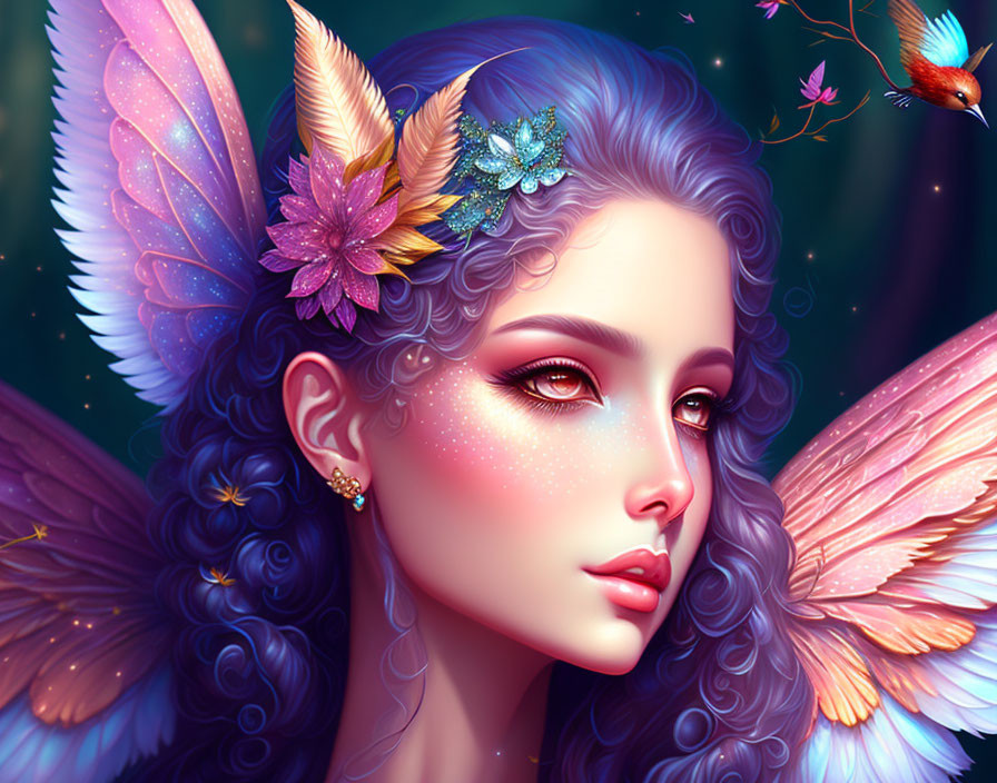 Fantasy digital artwork of woman with purple hair and butterfly wings