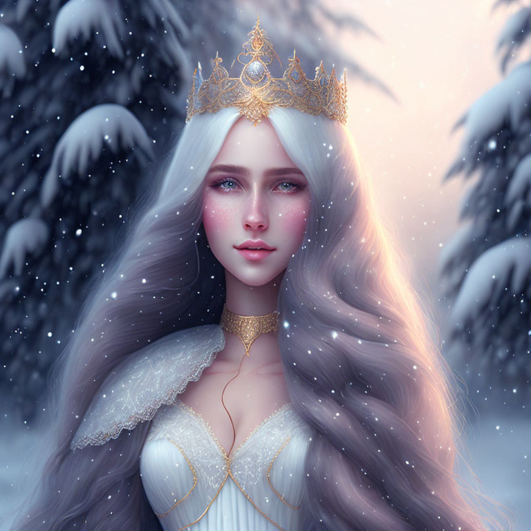 Fantasy illustration of queen with long hair and crown in snowy landscape