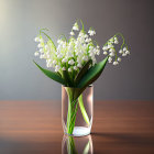 White Lily of the Valley Flowers in Glass Vase on Wooden Surface