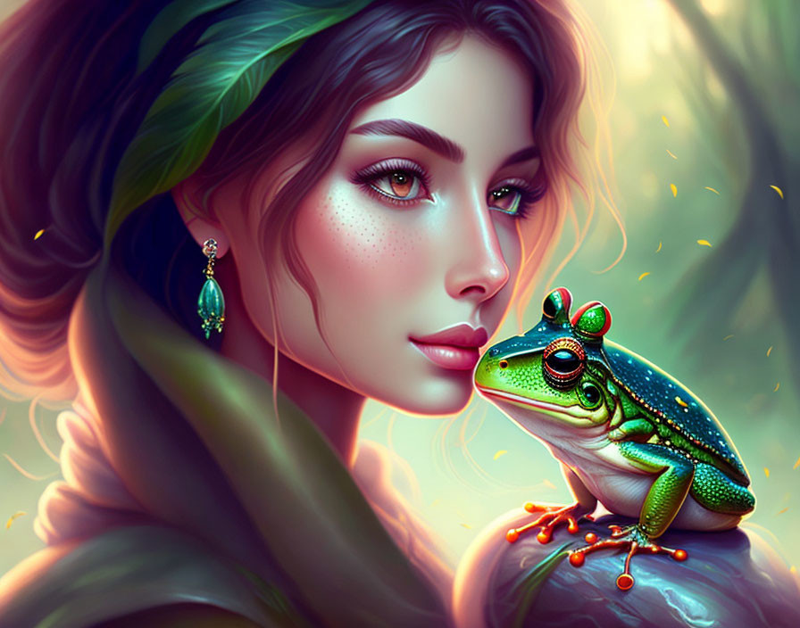 Digital artwork of woman with striking eyes and green scarf beside vibrant green frog.