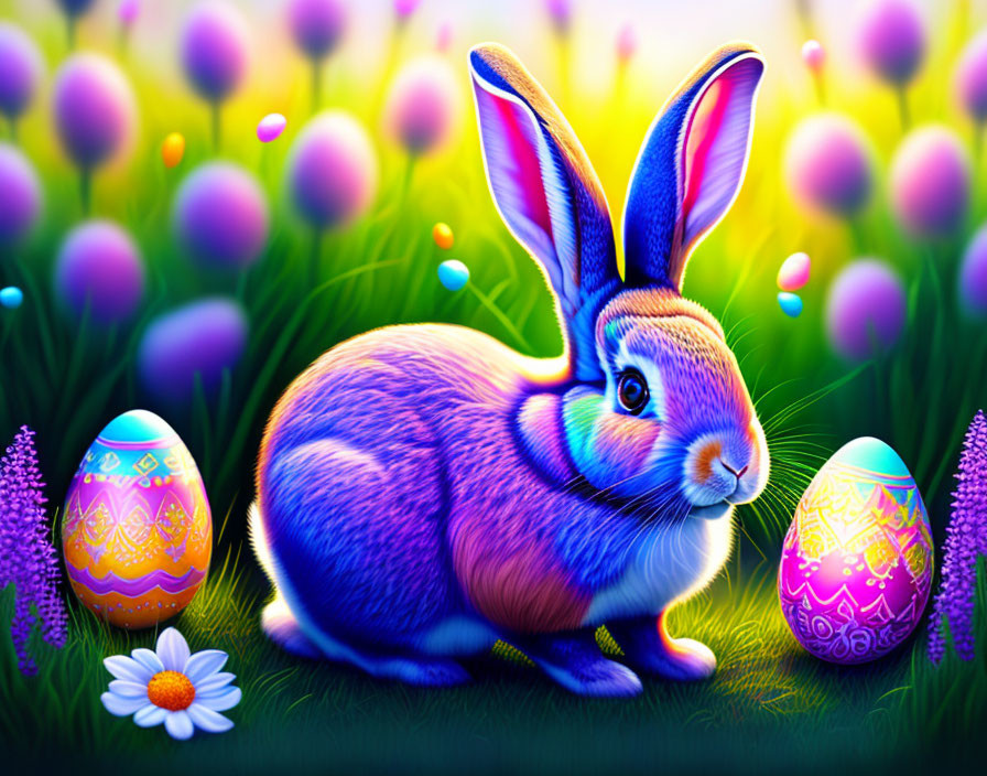 Colorful Easter rabbit surrounded by eggs and flowers on green field