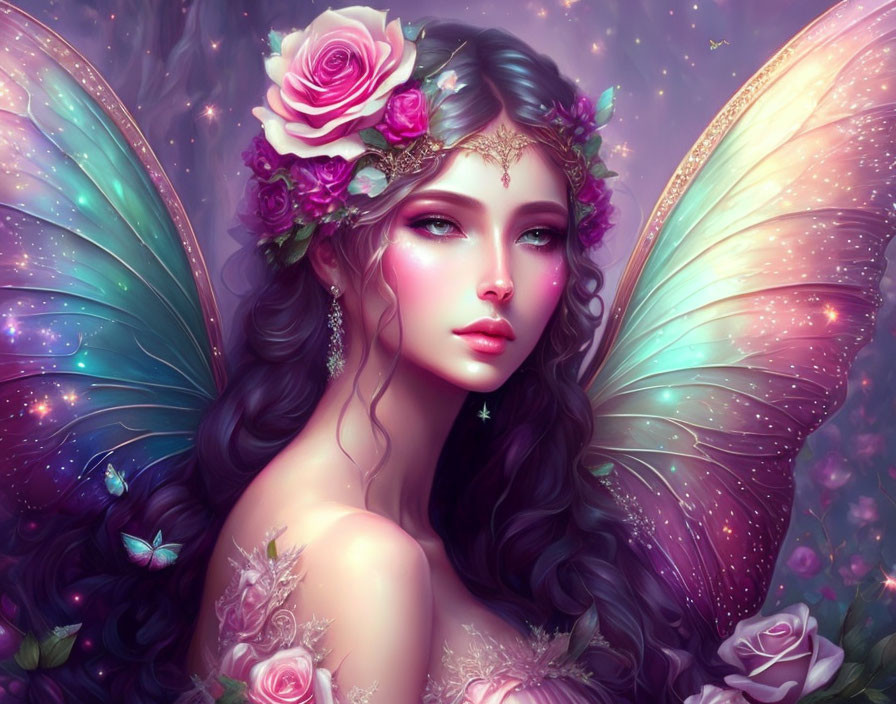 Ethereal woman with butterfly wings in magical starry setting