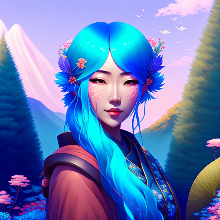 Vibrant Blue Hair Person Illustration with Mountain Fantasy Backdrop